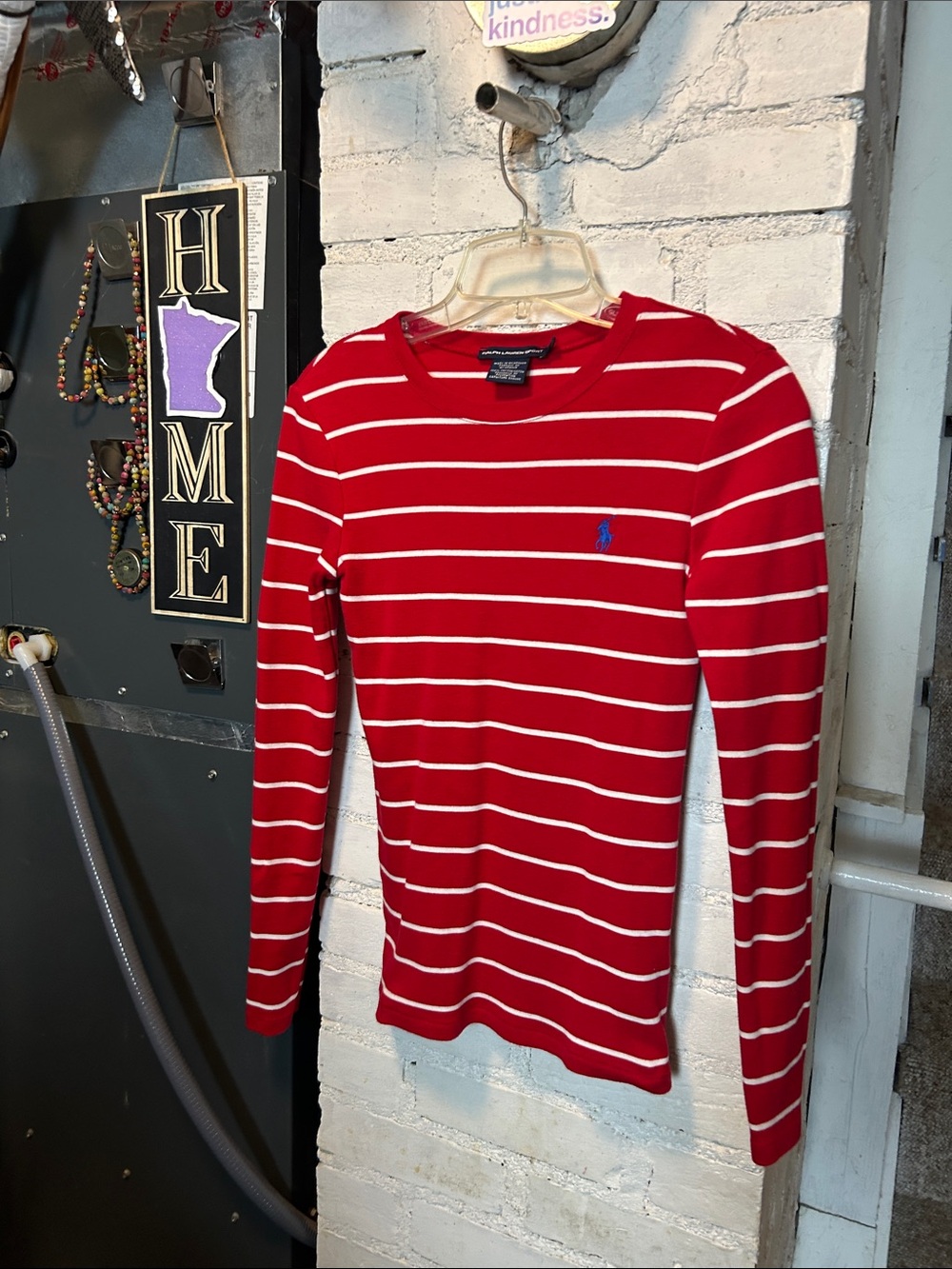 Ralph Lauren Red and White Striped Long Sleeve, Piny Tee Women Small Petite